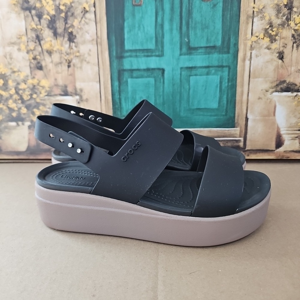 Crocs Brooklyn Low Wedge Sandal Size 9 Black / Mushroom Tan Platform - Picture 3 of 8
